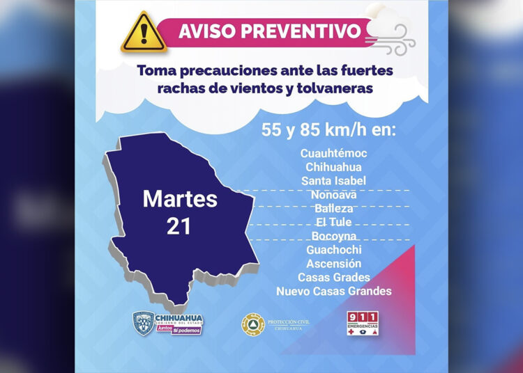 Emiten alerta preventiva por fuertes ráfagas de viento en el estado