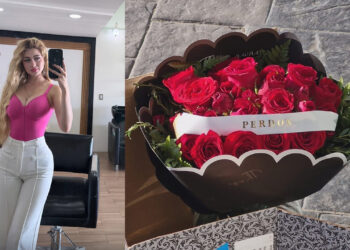 Dejan ramo de rosas en salón de belleza de Valerias Márquez con mensaje de “Perdón”