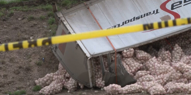 Vuelca tráiler con carga de cebolla en el puente Caracol de Delicias
