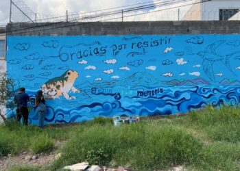 Activistas pintan mural en El Reliz contra pavimentación