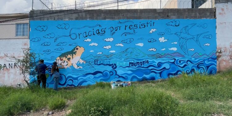 Activistas pintan mural en El Reliz contra pavimentación