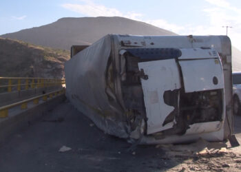 Tráiler con 26 toneladas de carne vuelca sobre la carretera Chihuahua-Aldama