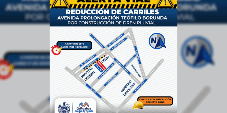 Anuncian cierres viales por construcción de dren pluvial en el Teófilo Borunda