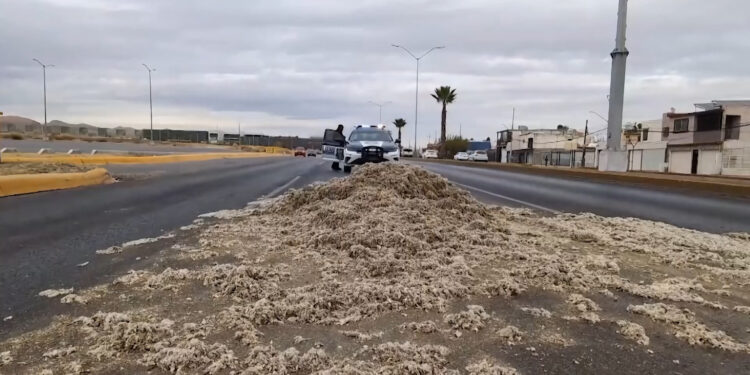 Camión derrama algodón tras chocar contra puente peatonal en el Periférico de la Juventud
