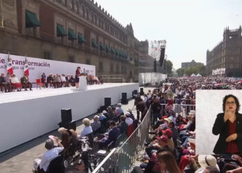 Sheinbaum encabeza multitudinario evento en el Zócalo por los 7 años de la 4T