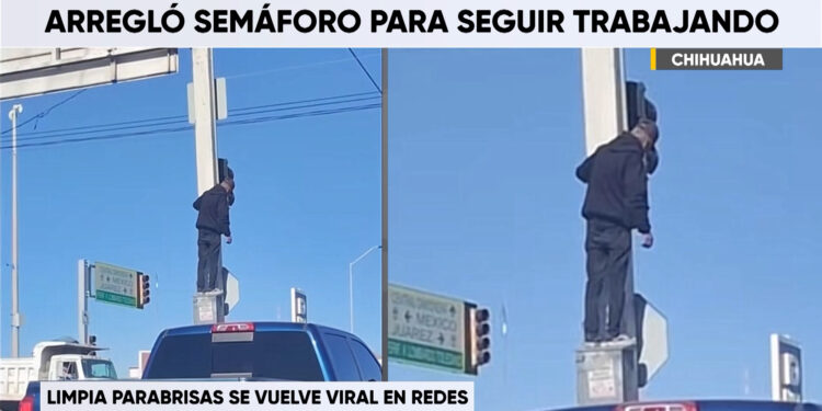 Limpia parabrisas escala semáforo para reparar falla en la intersección