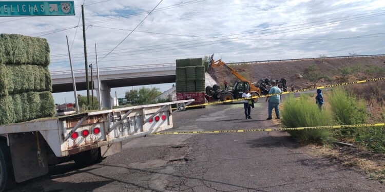 Vuelca tráiler con 54 toneladas de pastura en el acceso norte de Meoqui